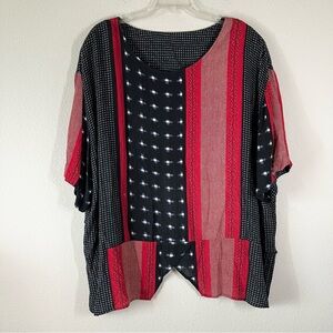 Plus Size Kimono Top Patchwork Mixed Print Blouse Artsy Boxy Lagenlook Red 3X